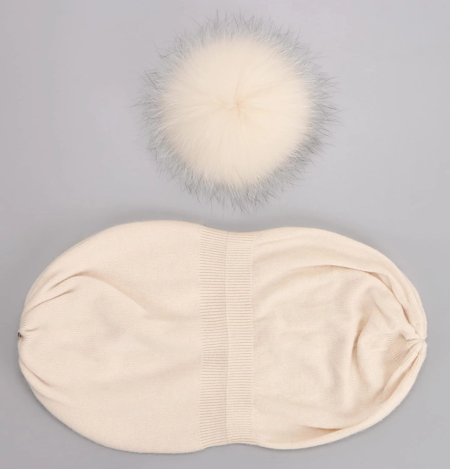 Women Cashmere Winter Slouchy Knit Beanie Hat with Real Fur Pom Pom Winter Beanie Knit Stocking Cap Ski Hat