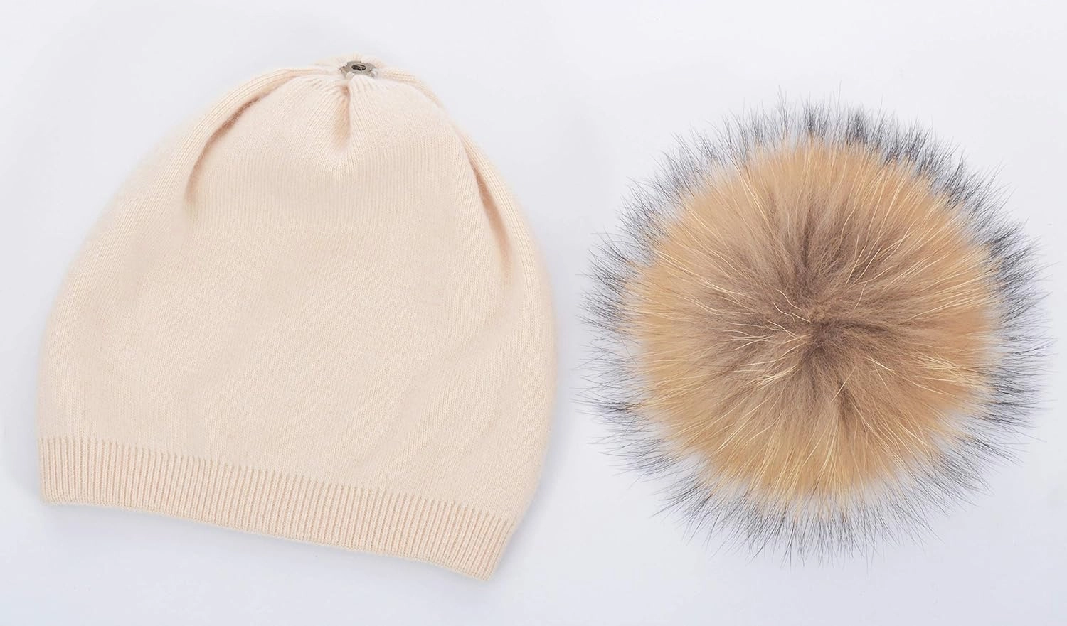 Women Cashmere Winter Slouchy Knit Beanie Hat with Real Fur Pom Pom Winter Beanie Knit Stocking Cap Ski Hat