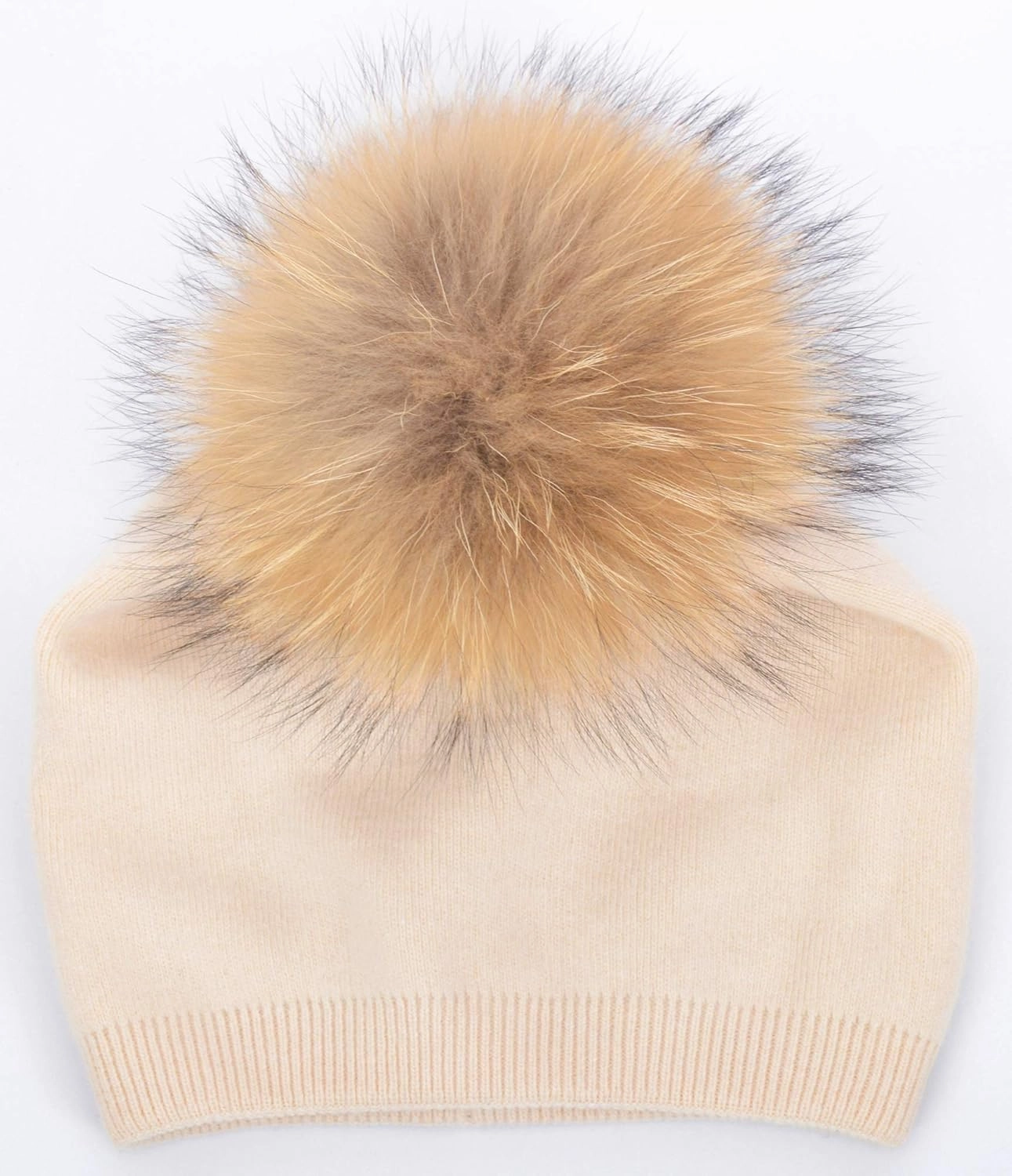 Women Cashmere Winter Slouchy Knit Beanie Hat with Real Fur Pom Pom Winter Beanie Knit Stocking Cap Ski Hat