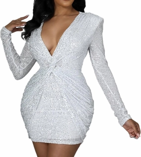 Women's Cocktail Mini Dress See Through Long Sleeve Rhinestone Dress Sexy V-Neck Pleated Clubwear Party Short Dresses Wedding Guest Dresses White M