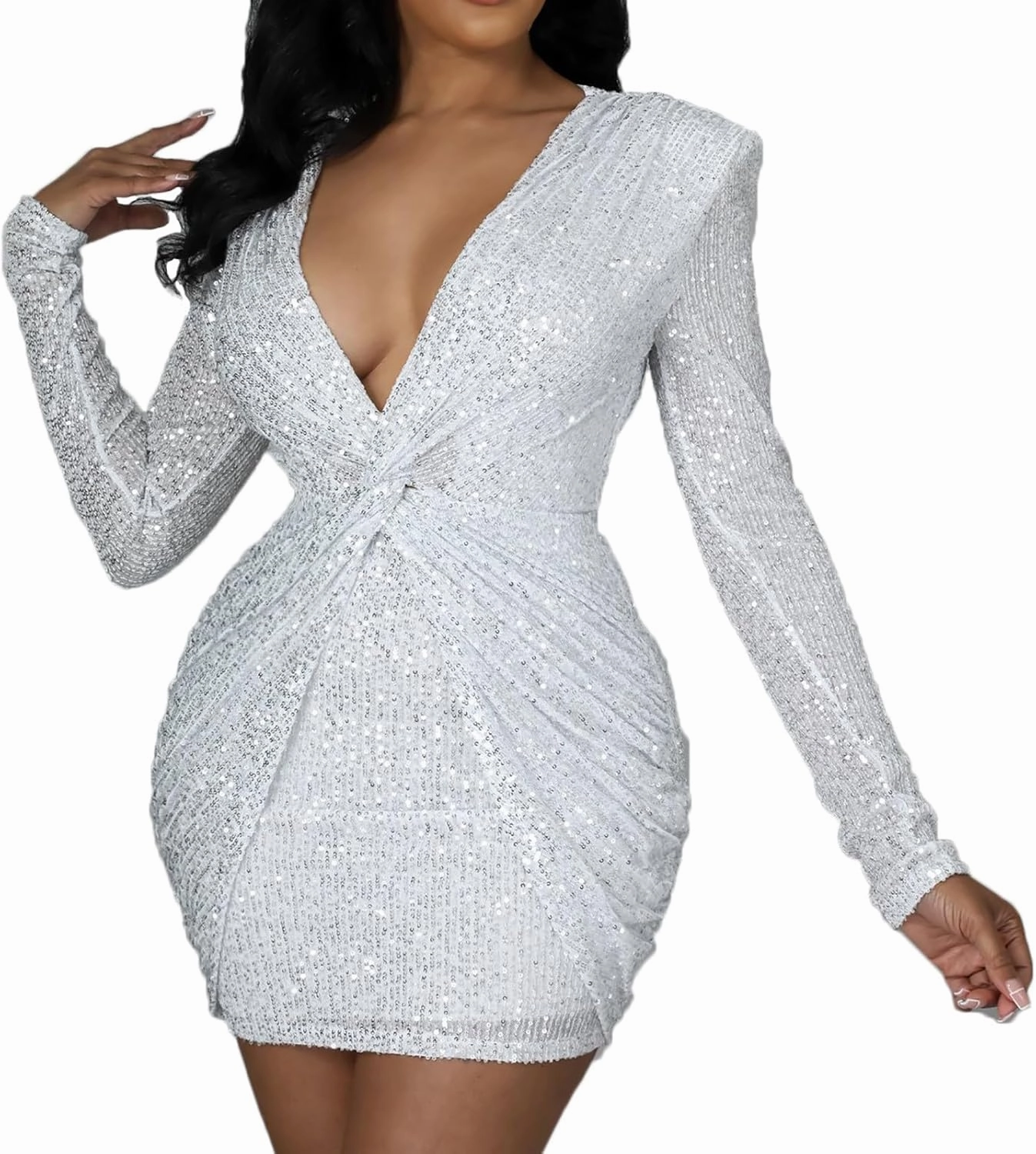 Women's Cocktail Mini Dress See Through Long Sleeve Rhinestone Dress Sexy V-Neck Pleated Clubwear Party Short Dresses Wedding Guest Dresses White M