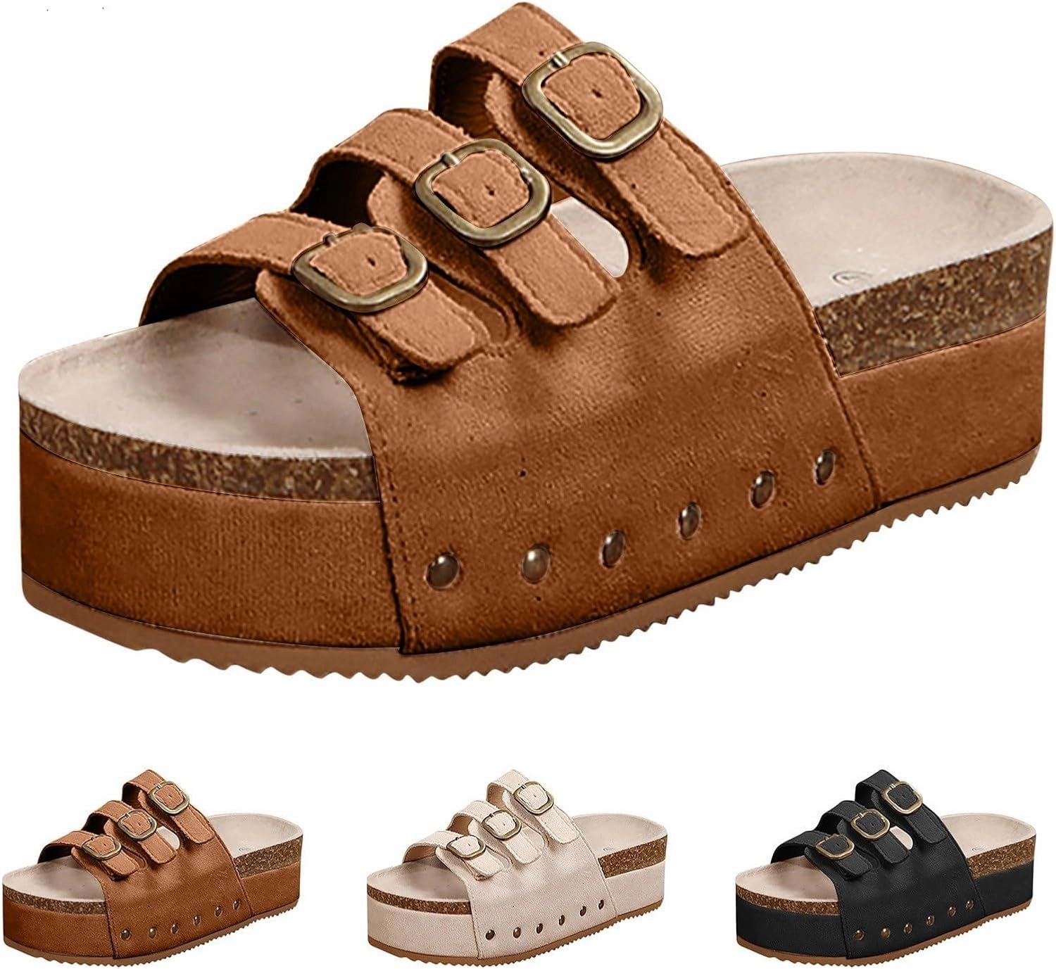 Women's Cork Footbed Slides 3 Strap Straps Platform Clogs Suede Slip-on Flatform Sandals for Women Fashion Slippers Summer