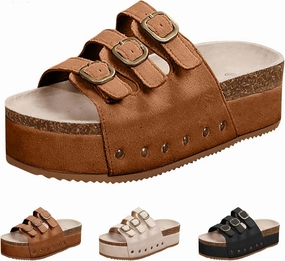 Women's Cork Footbed Slides 3 Strap Straps Platform Clogs Suede Slip-on Flatform Sandals for Women Fashion Slippers Summer
