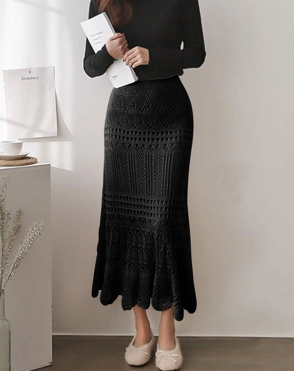 Women's Crochet Knitted Stretchy High Waist Hollow Out Lined Lace Maxi Skirt