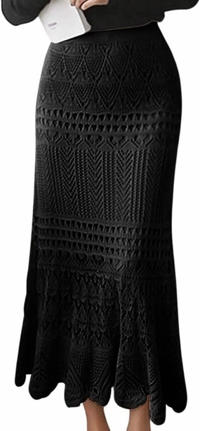 Women's Crochet Knitted Stretchy High Waist Hollow Out Lined Lace Maxi Skirt
