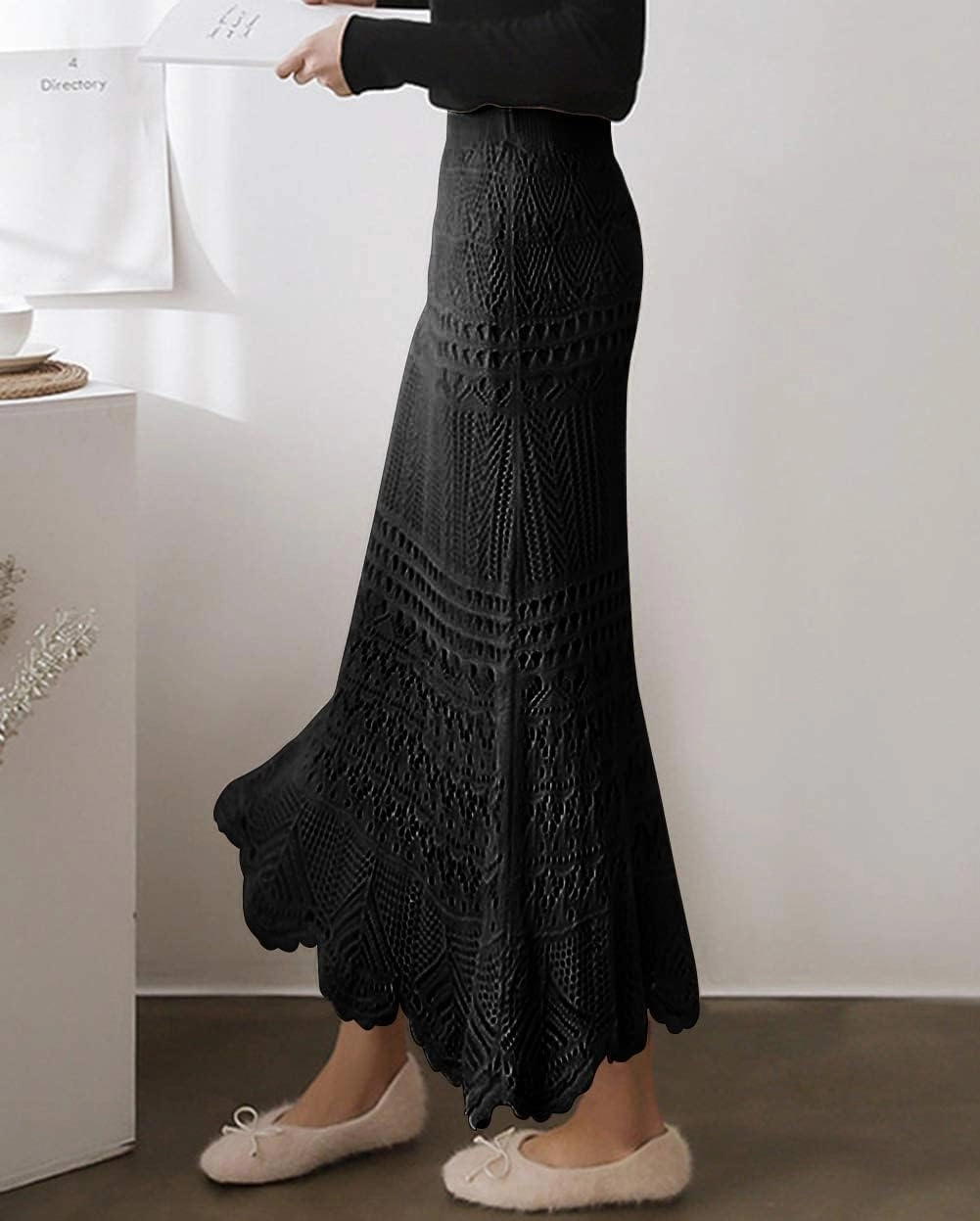 Women's Crochet Knitted Stretchy High Waist Hollow Out Lined Lace Maxi Skirt