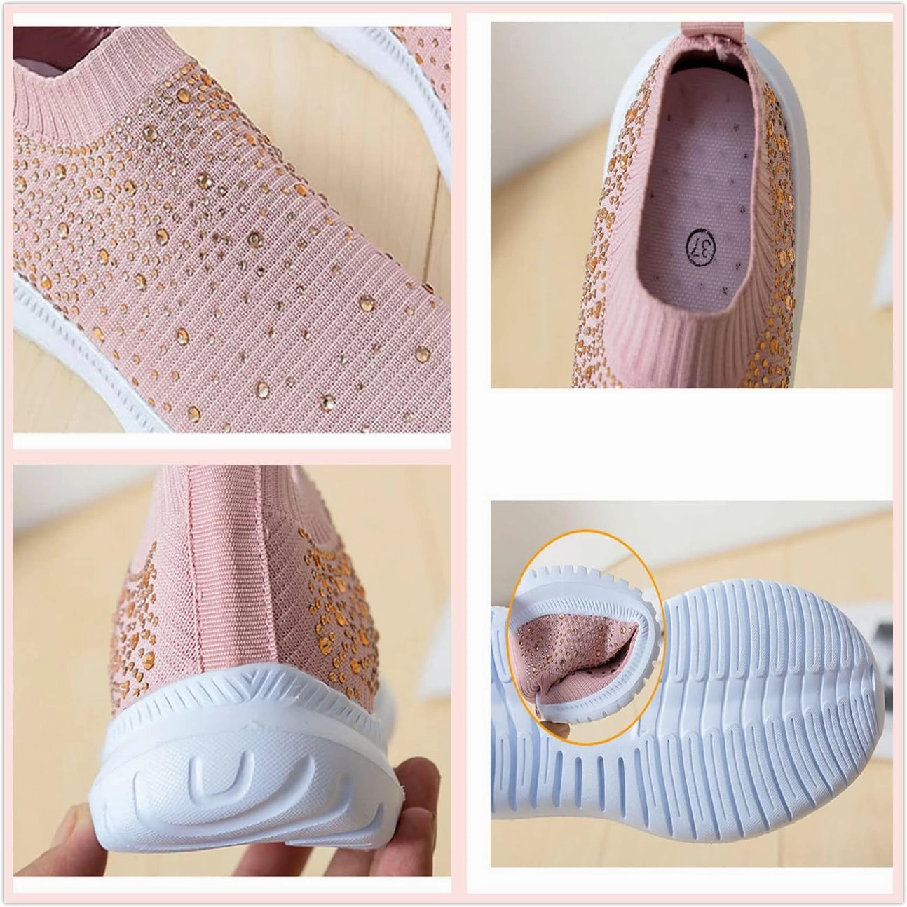 Women's Crystal Breathable Slip-On Walking Shoes, Sparkly Glitter Mesh Sneakers Athletic Walking Shoes, Ladies Casual Trainers Sock Jogging Shoes