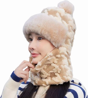 Women's Cycling Windproof Scarf Hat, Integrated Ear Protection Windproof Cap Scarf, 3 in 1 Winter Plush Collar Hat