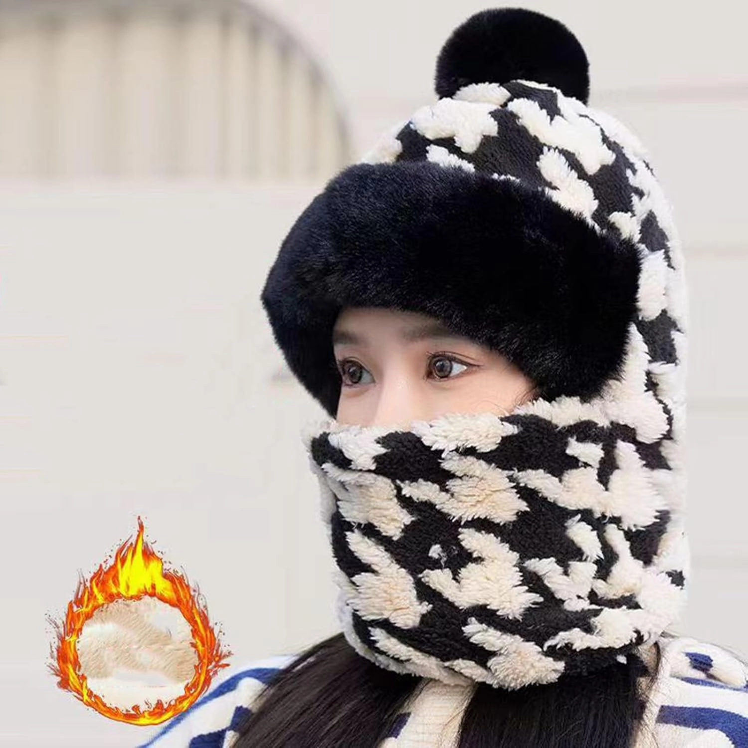 Women's Cycling Windproof Scarf Hat, Integrated Ear Protection Windproof Cap Scarf, 3 in 1 Winter Plush Collar Hat
