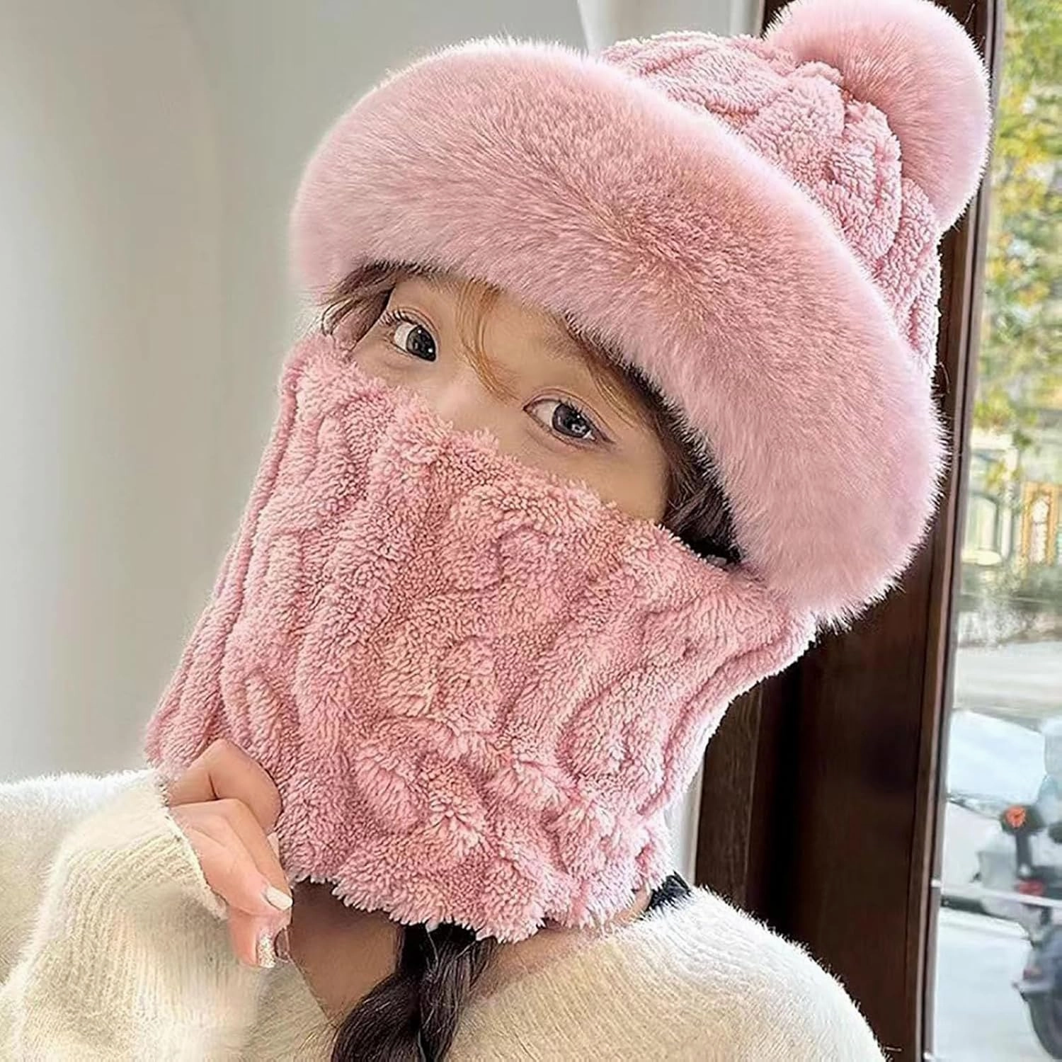 Women's Cycling Windproof Scarf Hat, Integrated Ear Protection Windproof Cap Scarf, 3 in 1 Winter Plush Collar Hat