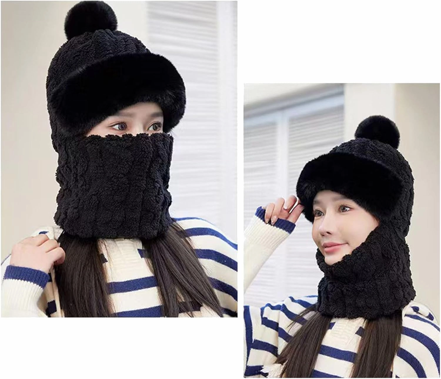 Women's Cycling Windproof Scarf Hat, Integrated Ear Protection Windproof Cap Scarf, 3 in 1 Winter Plush Collar Hat