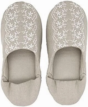 Women's Embroidered Slippers Made in Japan Washable Cotton Linen Material Approx. 22-24cm Babouche Floral Pattern Natural Room Shoes (Beige), Medium