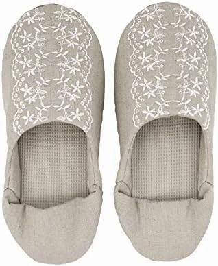 Women's Embroidered Slippers Made in Japan Washable Cotton Linen Material Approx. 22-24cm Babouche Floral Pattern Natural Room Shoes (Beige), Medium