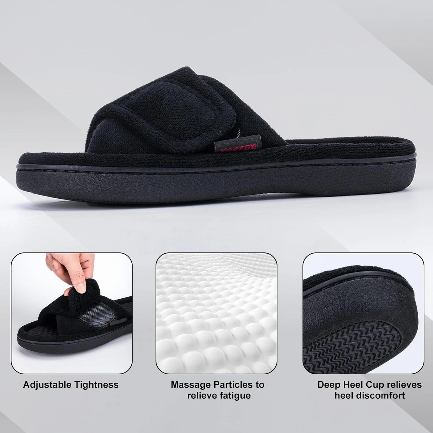 Women’s House Slippers with Memory Foam, Adjustable Open Toe Indoor Outdoor Slippers for Women, Non Slip Washable Fuzzy Home Shoes with Massage Beads
