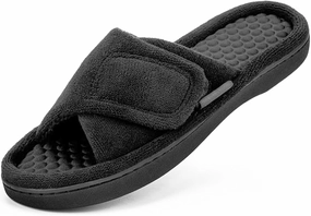 Women’s House Slippers with Memory Foam, Adjustable Open Toe Indoor Outdoor Slippers for Women, Non Slip Washable Fuzzy Home Shoes with Massage Beads