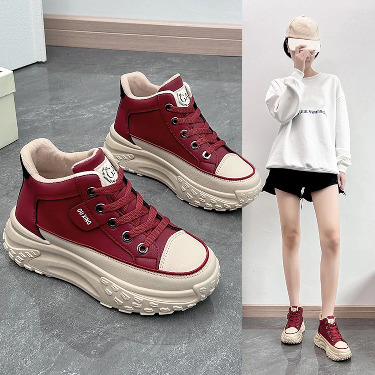 Women's Leather Platform Increasing Sneakers Fashion Chunky Lace Up Low Top Sports Trainers High Top Casual Non-Slip Walking Dad Shoes