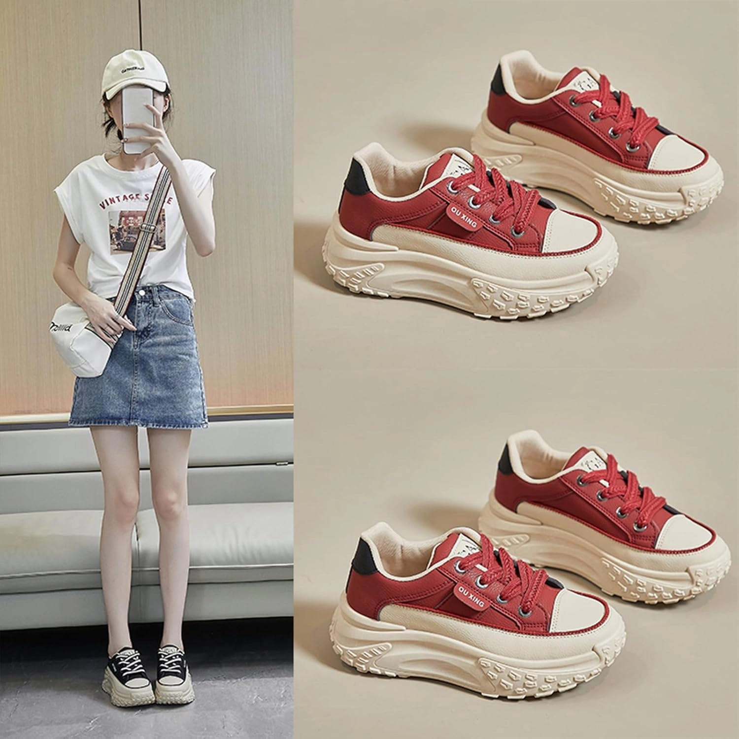 Women's Leather Platform Increasing Sneakers Fashion Chunky Lace Up Low Top Sports Trainers High Top Casual Non-Slip Walking Dad Shoes