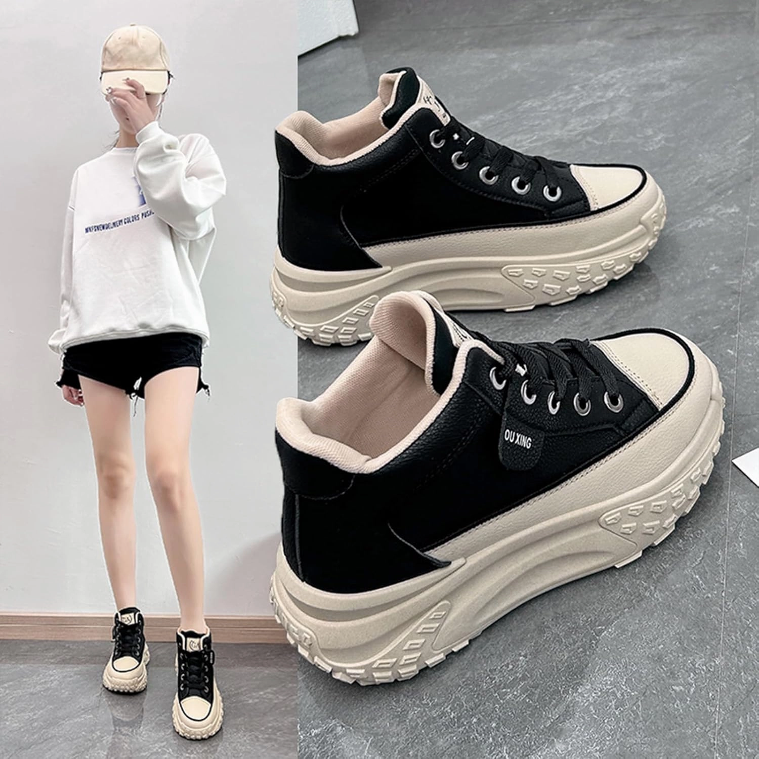 Women's Leather Platform Increasing Sneakers Fashion Chunky Lace Up Low Top Sports Trainers High Top Casual Non-Slip Walking Dad Shoes
