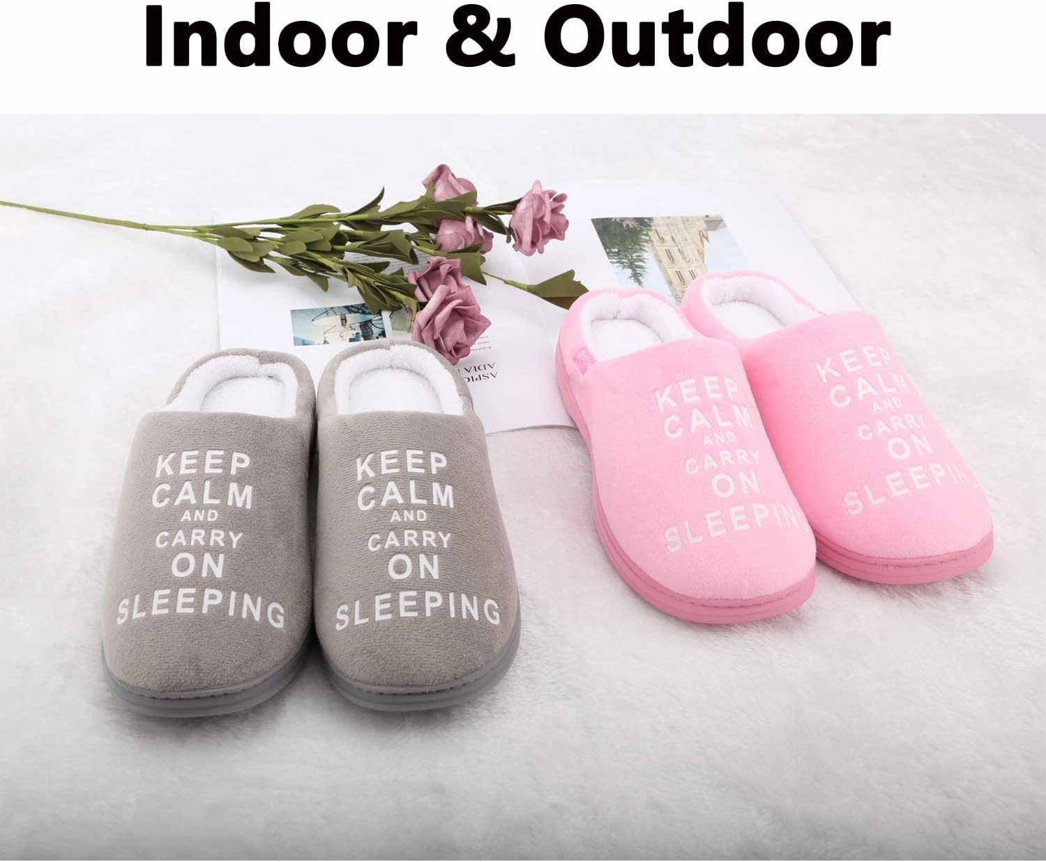 Women's Memory Foam Slippers Comfort Fuzzy Plush/Coral Fleece Lined Pink/Grey/Black House Shoes with Anti-Skid Sole, Indoor&Outdoor