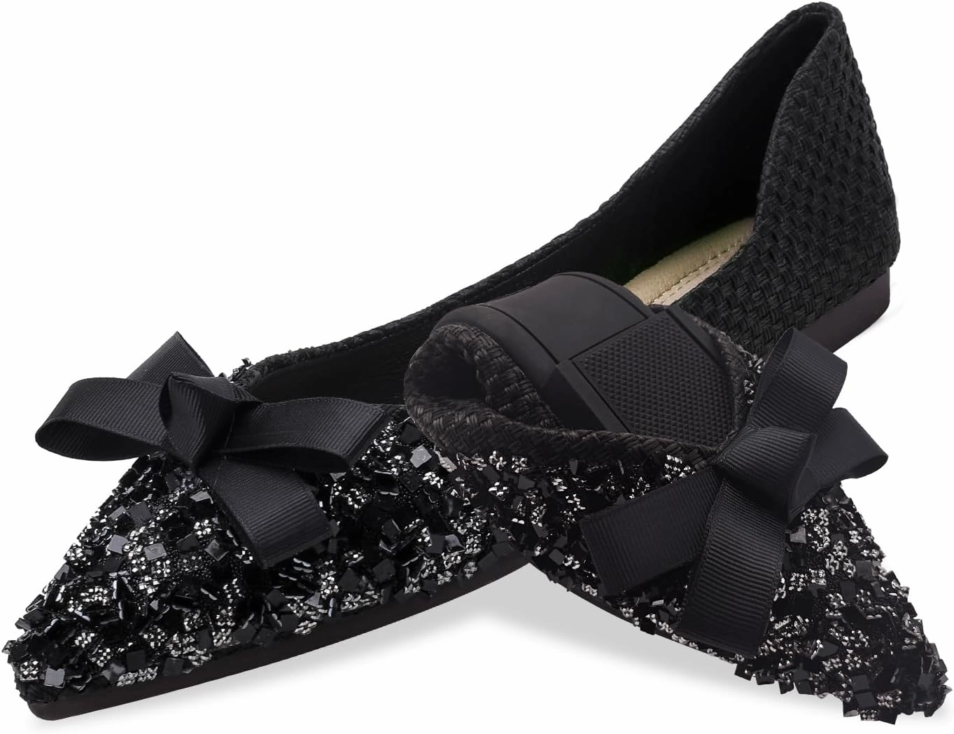 Women's Pointed Rhinestone Flat Shoes Glitter Flowers Wedding Comfortable Dress Shoes