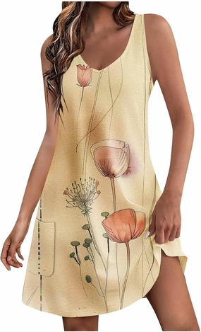 Women's Summer Beach Dress Casual Sleeveless Tank Dress Fashion Floral Print Dress V-Neck Mini Dresses Sundresses