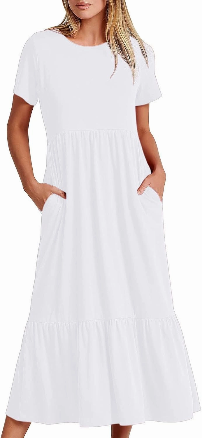 Women's Summer Casual Short Sleeve Crewneck Long Dress Solid Flowy Tiered Maxi Beach Dress with Pockets