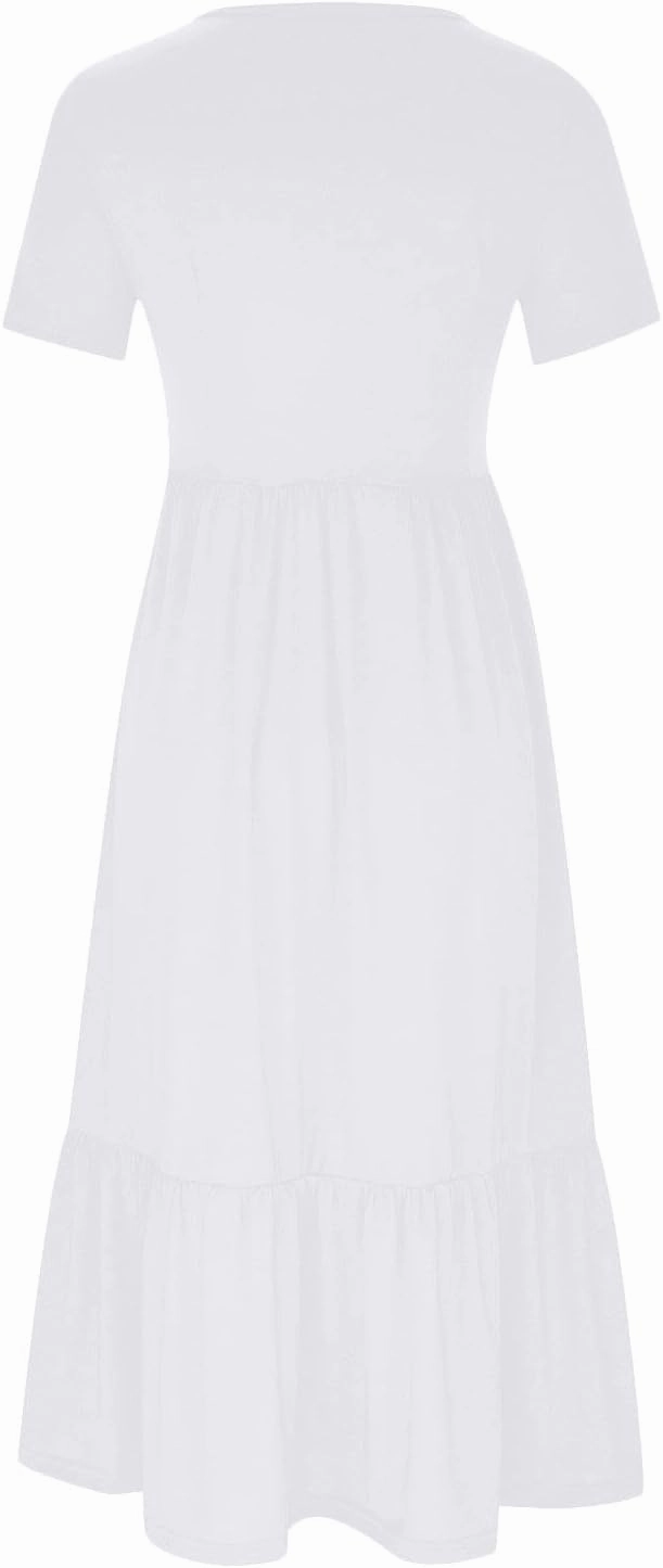 Women's Summer Casual Short Sleeve Crewneck Long Dress Solid Flowy Tiered Maxi Beach Dress with Pockets