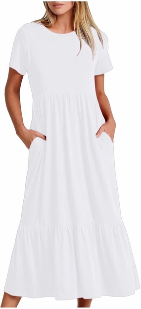 Women's Summer Casual Short Sleeve Crewneck Long Dress Solid Flowy Tiered Maxi Beach Dress with Pockets