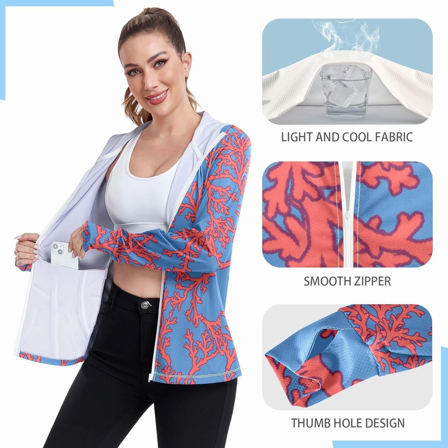 Women'S UPF 50  Uv Sun Protection Clothing Coral Zipper Jacket Long-Sleeved Hoodie
