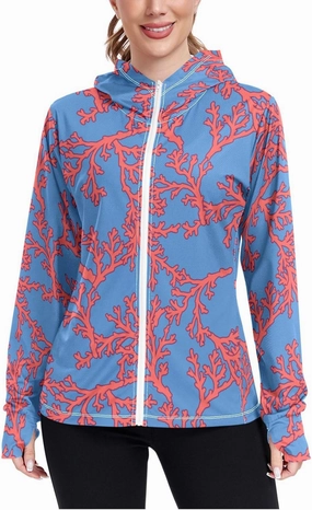 Women'S UPF 50  Uv Sun Protection Clothing Coral Zipper Jacket Long-Sleeved Hoodie