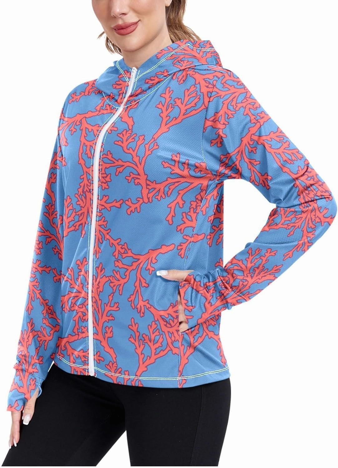 Women'S UPF 50  Uv Sun Protection Clothing Coral Zipper Jacket Long-Sleeved Hoodie