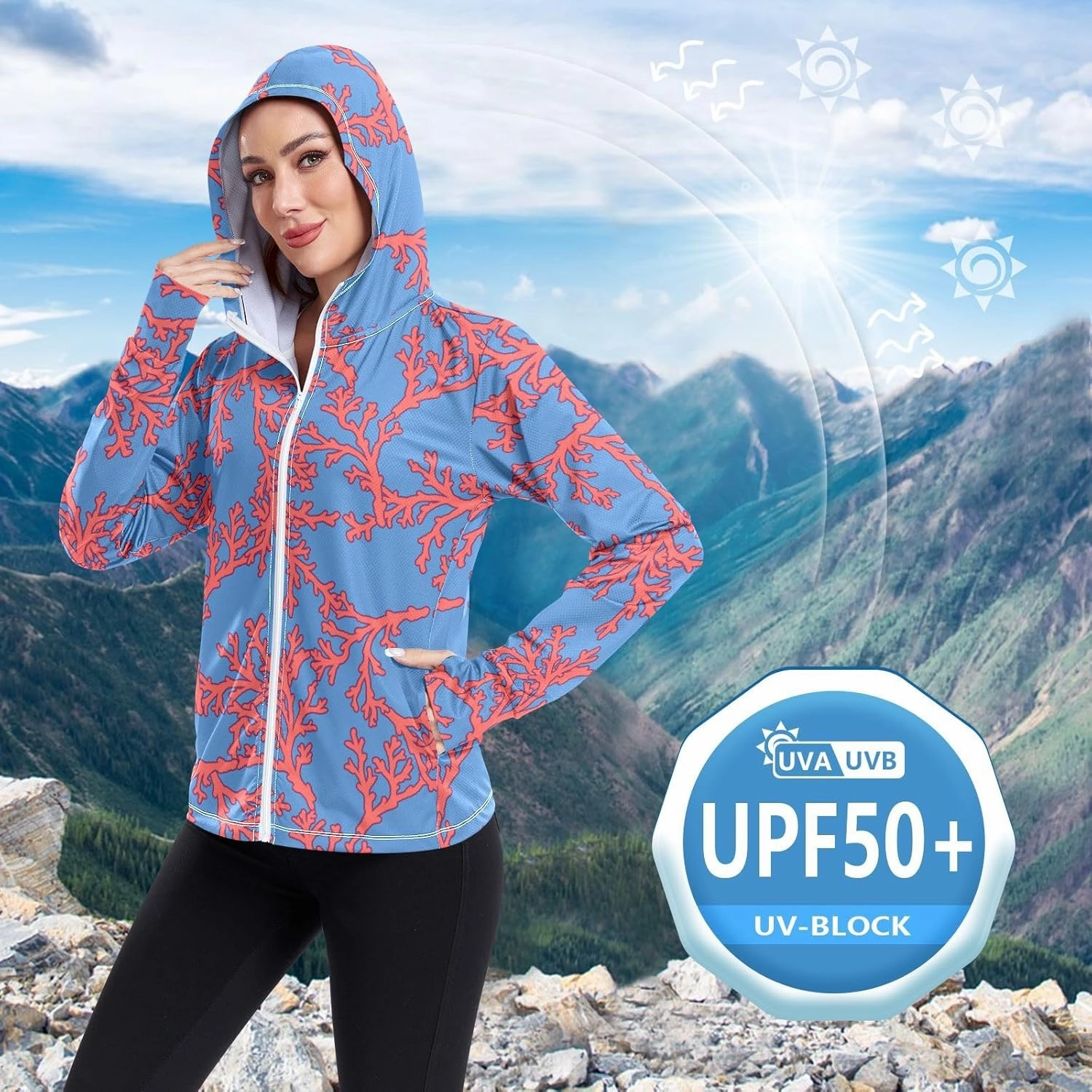Women'S UPF 50  Uv Sun Protection Clothing Coral Zipper Jacket Long-Sleeved Hoodie
