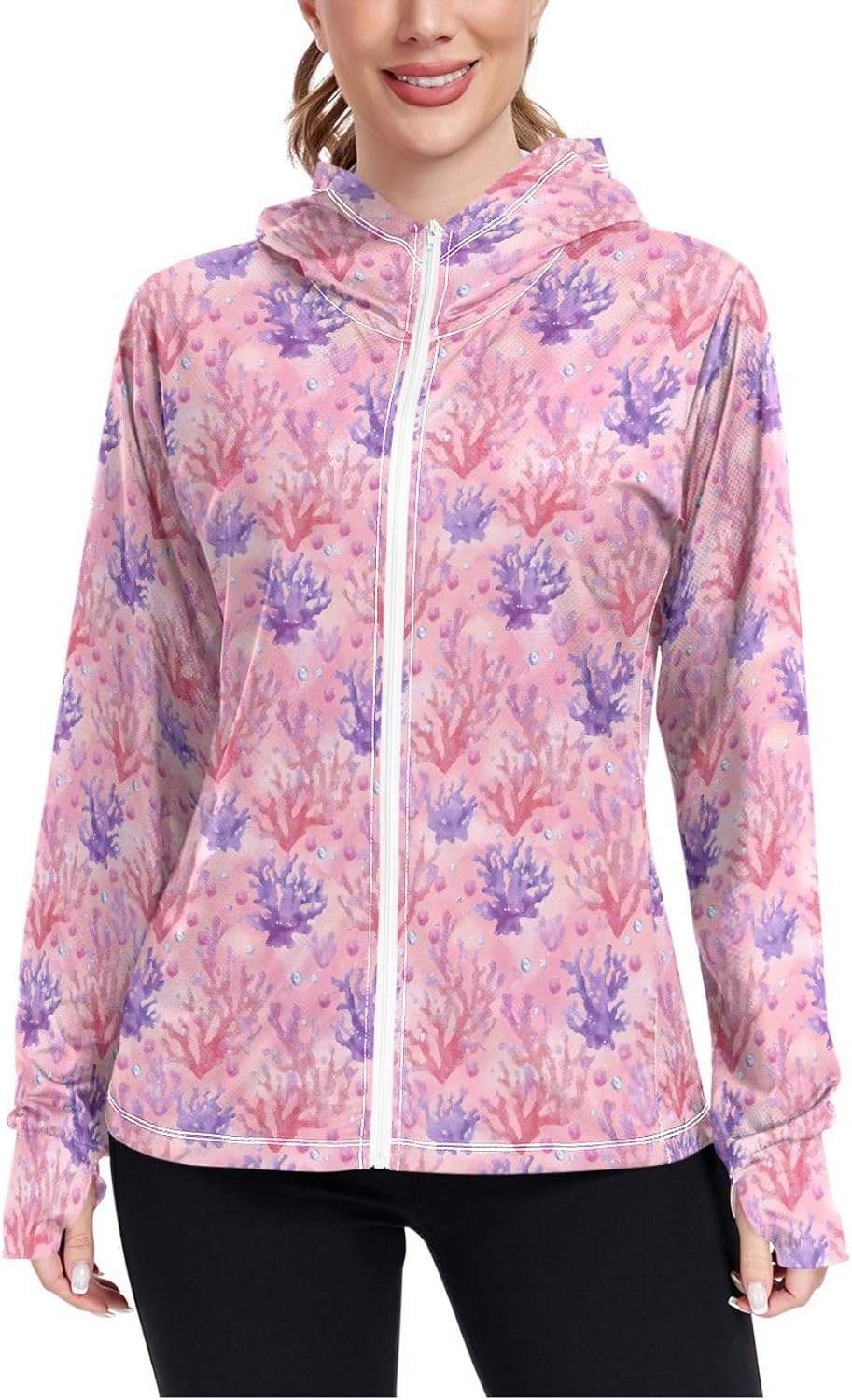 Women'S UPF 50  Uv Sun Protection Clothing Pink Coral Zipper Jacket Long-Sleeved Hoodie