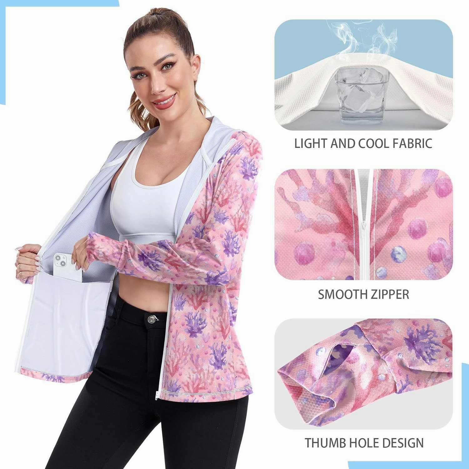 Women'S UPF 50  Uv Sun Protection Clothing Pink Coral Zipper Jacket Long-Sleeved Hoodie