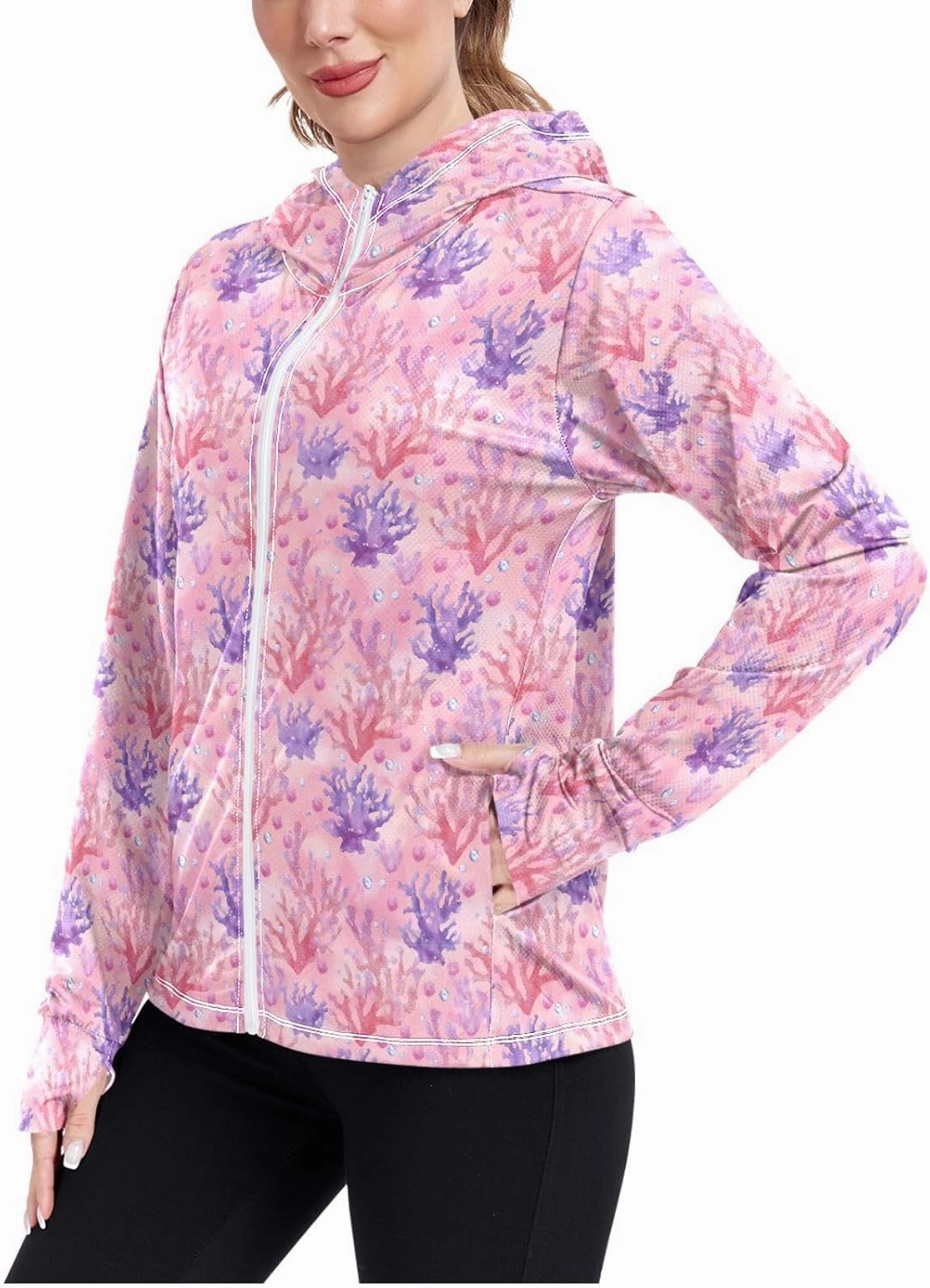Women'S UPF 50  Uv Sun Protection Clothing Pink Coral Zipper Jacket Long-Sleeved Hoodie