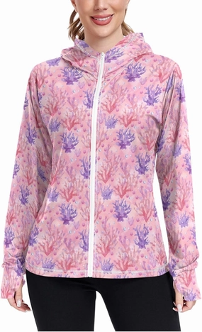 Women'S UPF 50  Uv Sun Protection Clothing Pink Coral Zipper Jacket Long-Sleeved Hoodie