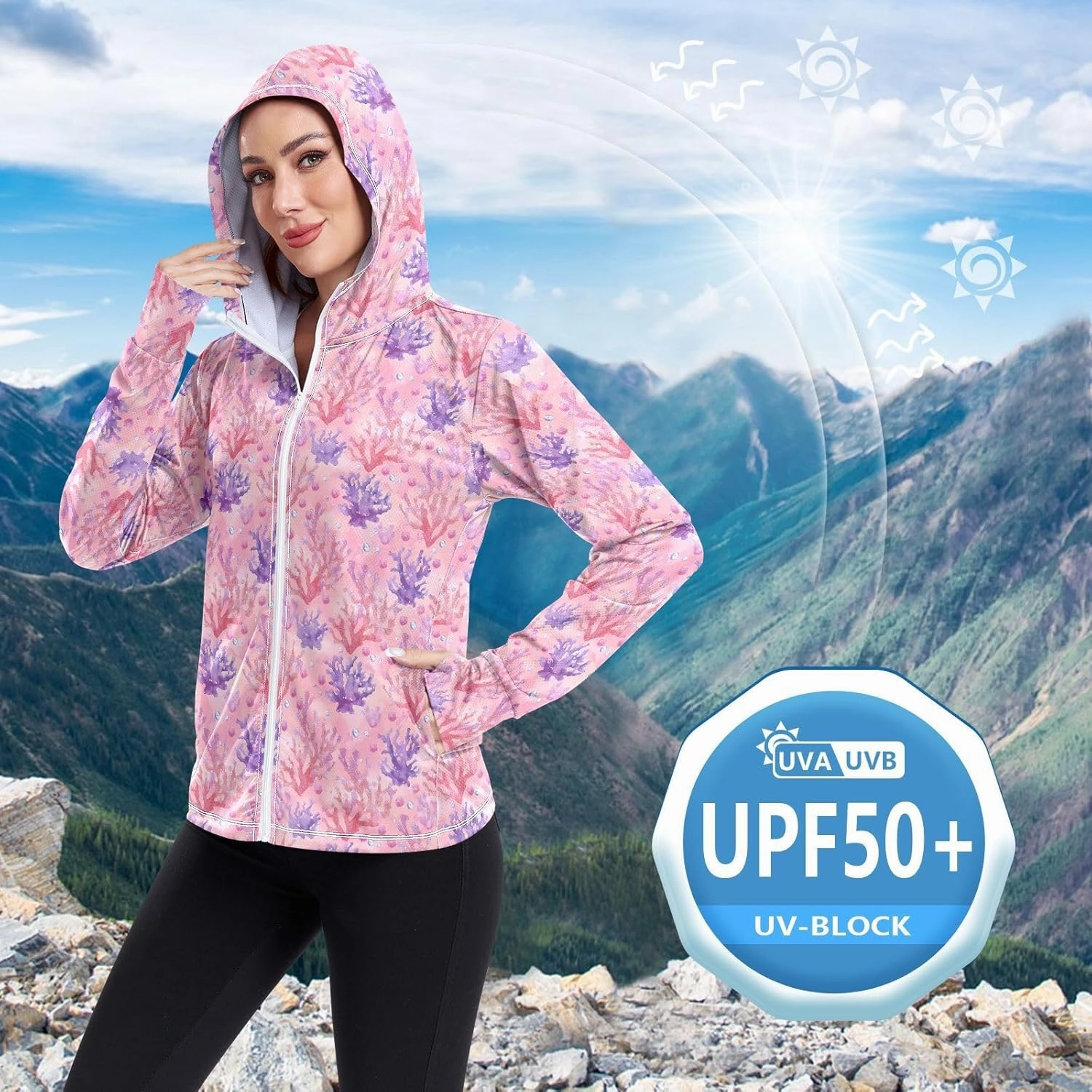 Women'S UPF 50  Uv Sun Protection Clothing Pink Coral Zipper Jacket Long-Sleeved Hoodie