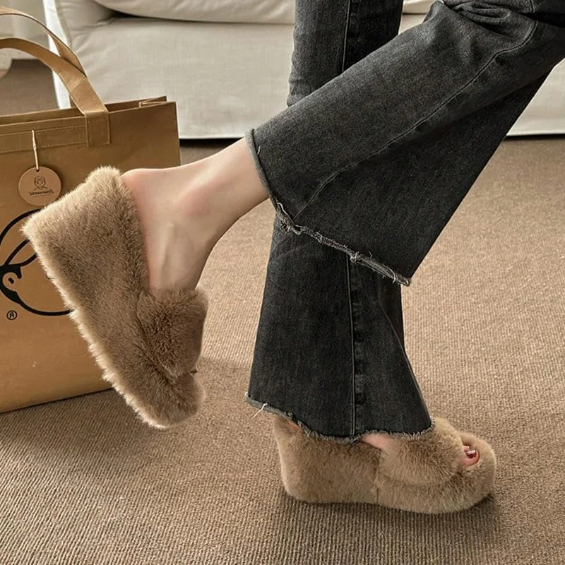 Women's Warm Home Slippers Autumn Winter Wedge Slippers Woman Home Fur Slippers for Women Platform Slides Indoor Shoes