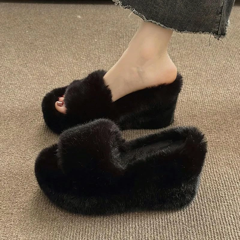 Women's Warm Home Slippers Autumn Winter Wedge Slippers Woman Home Fur Slippers for Women Platform Slides Indoor Shoes