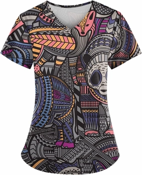 Women Scrub Tops Plus Size Short Sleeve V-Neck Melanin Girls African Printed Nurse Working Uniform with Pockets
