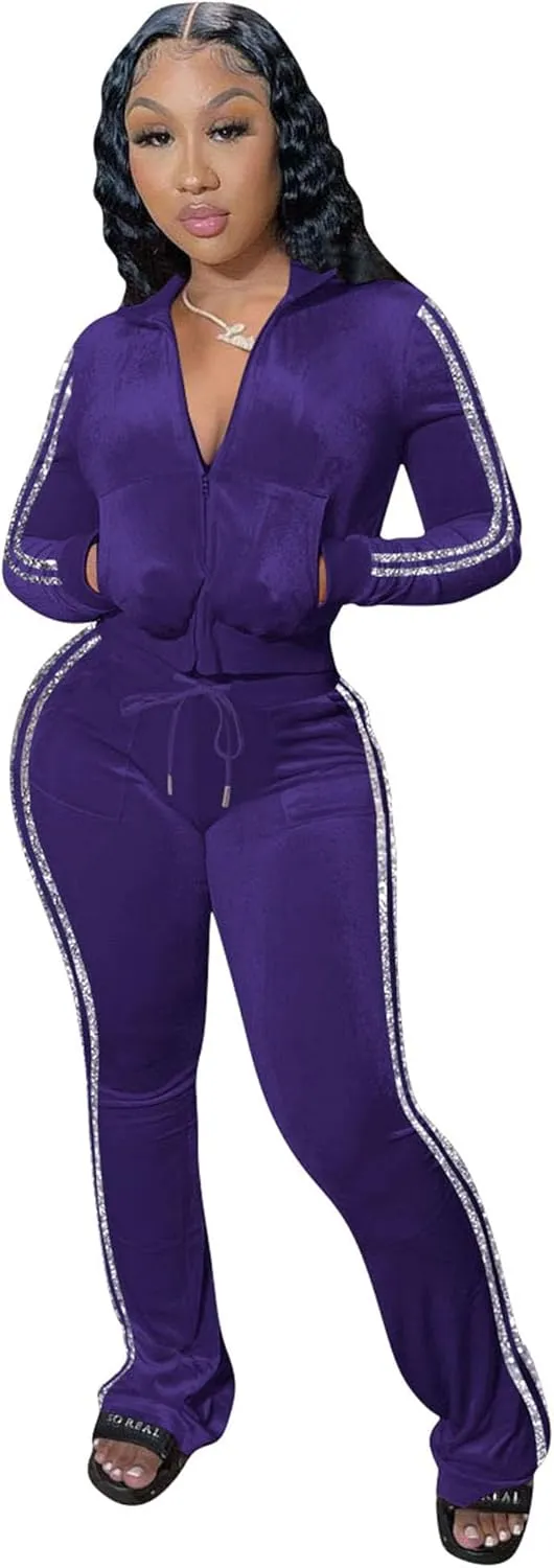 Womens 2 Piece Velour Jogger Tracksuit Two Piece Sexy Outfits for Women, Long Sleeve Full-Zip Up Velvet Crop Tops Jacket Flared Pants Matching Set Sportswear Sweatsuit Pockets Patchwork Glitter Stripe