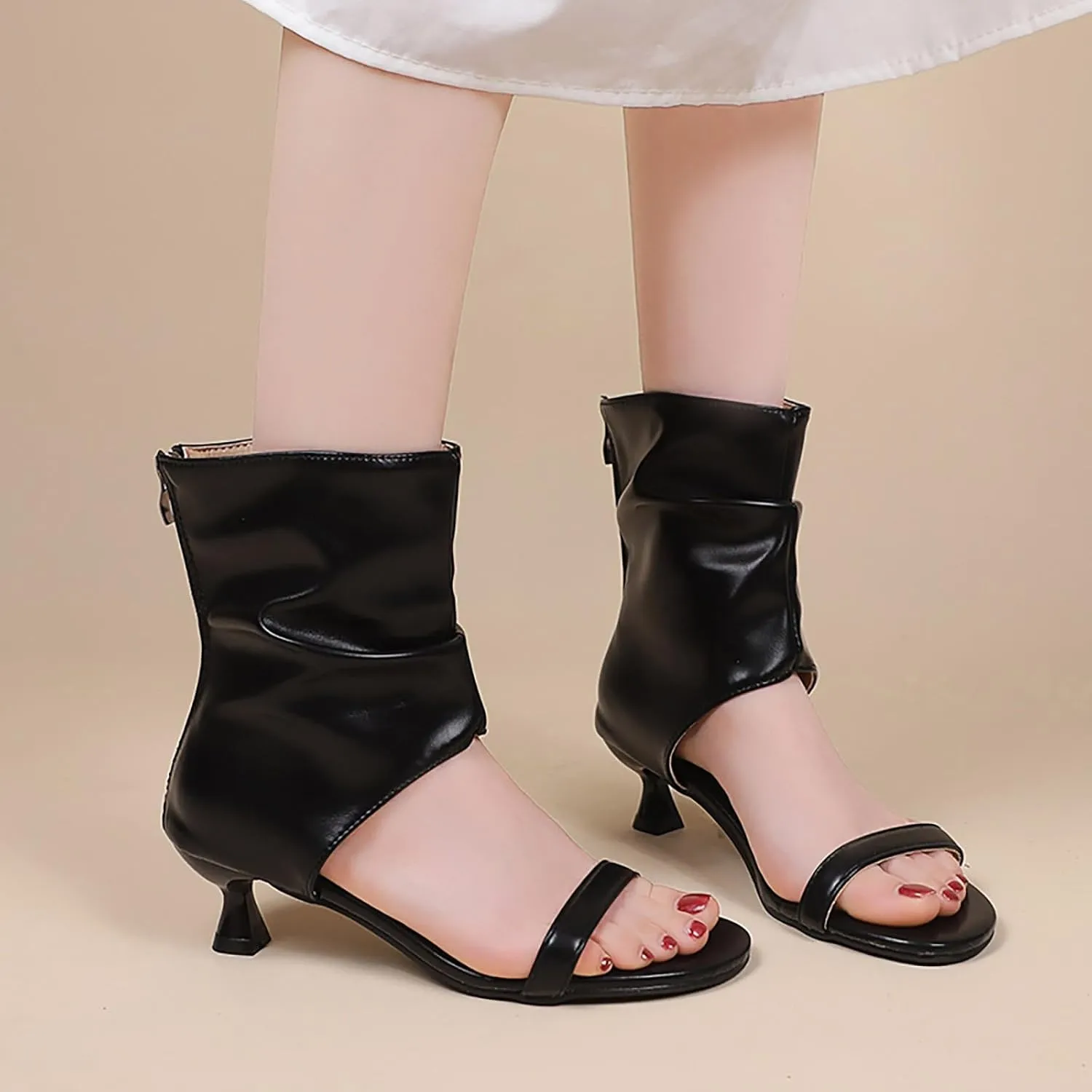 Women's Back Zippered Buckled Leather Sandal Boots,Open Toe Heeled Sandals Bootie Slip on Beach Ladies Sandals Shoes