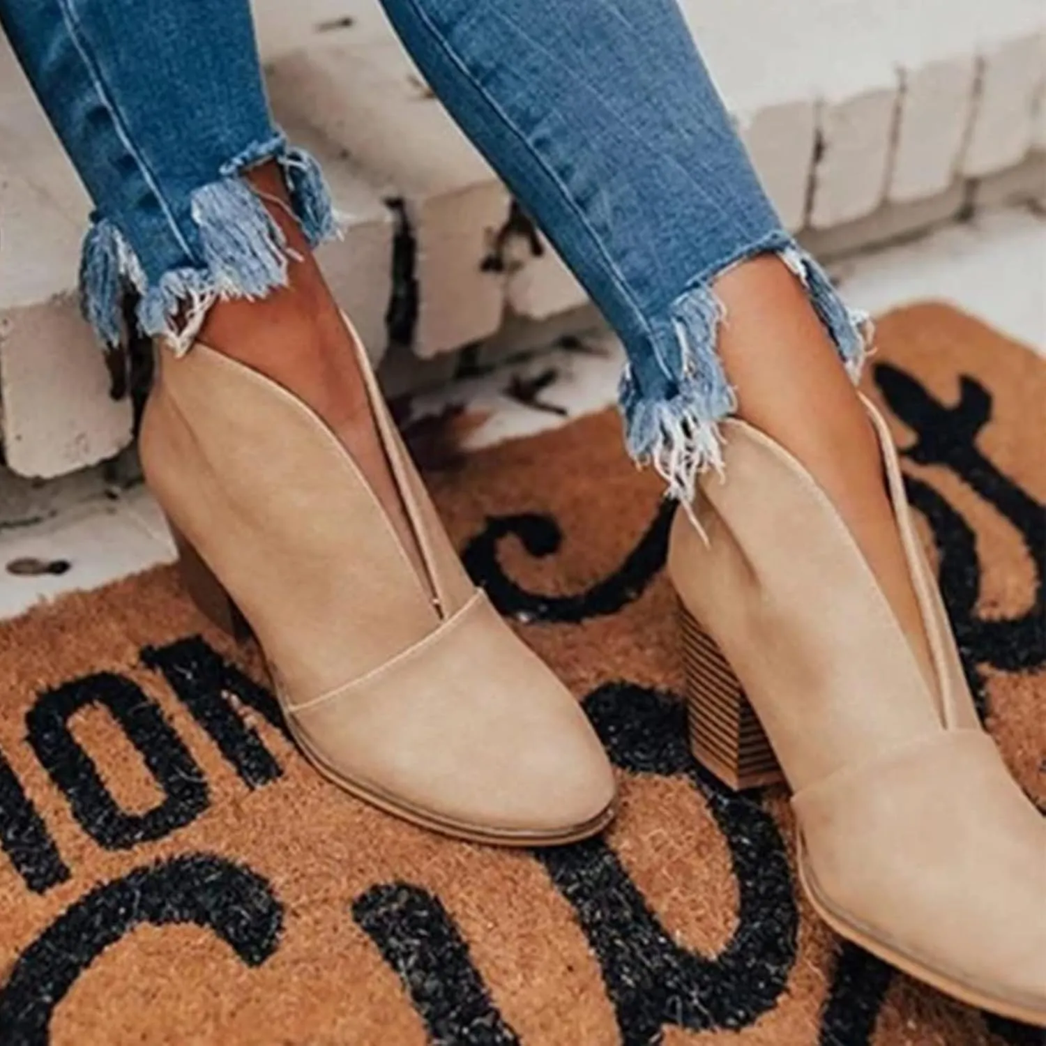 Womens Boots Ankle Womens Boots Fahsion Dressy Booties Slip On Low Heel Stacked Leather Boots Walking Short Shoes