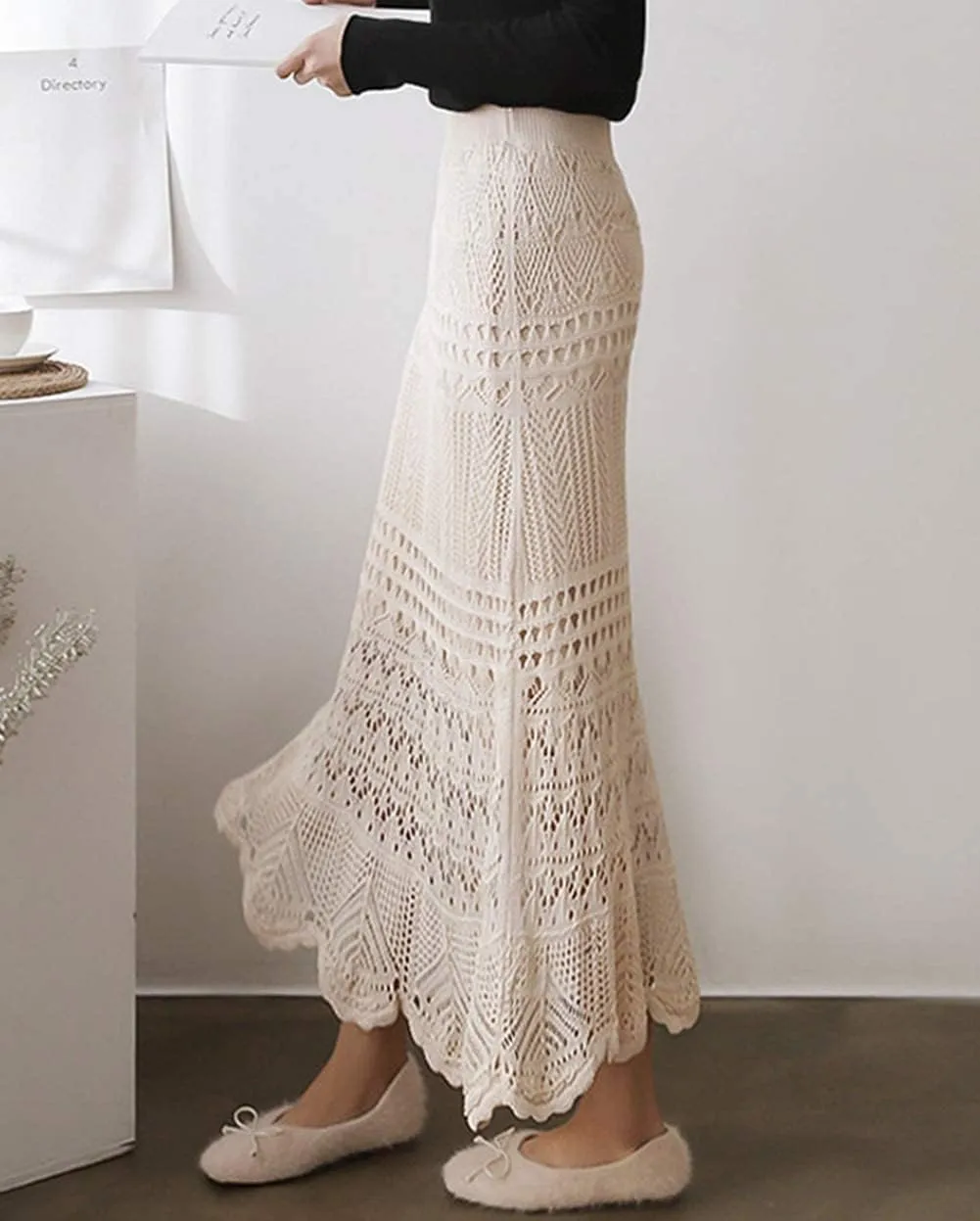 Women's Crochet Knitted Stretchy High Waist Hollow Out Lined Lace Maxi Skirt