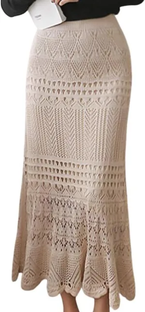 Women's Crochet Knitted Stretchy High Waist Hollow Out Lined Lace Maxi Skirt