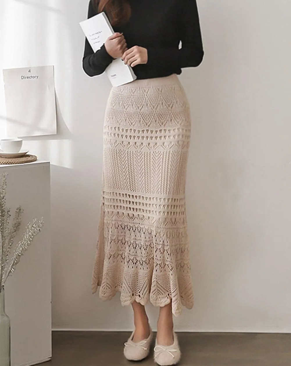 Women's Crochet Knitted Stretchy High Waist Hollow Out Lined Lace Maxi Skirt