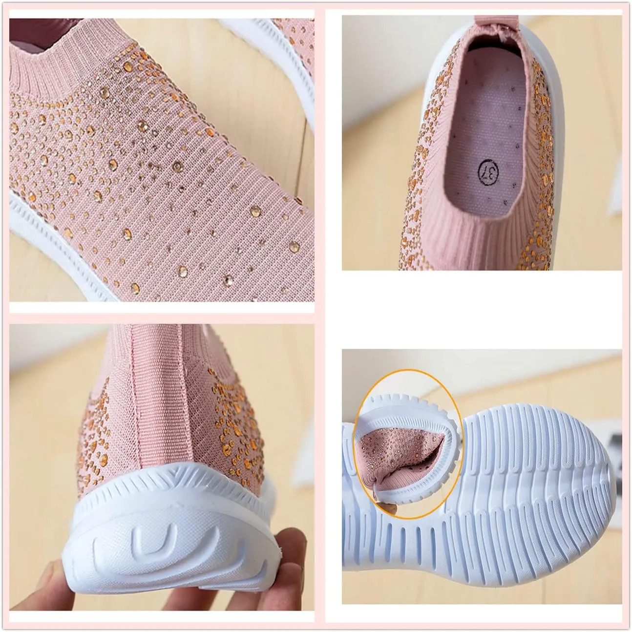 Women's Crystal Breathable Slip-On Walking Shoes, Sparkly Glitter Mesh Sneakers Athletic Walking Shoes, Ladies Casual Trainers Sock Jogging Shoes