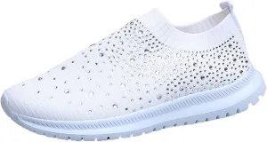 Women's Crystal Breathable Slip-On Walking Shoes, Sparkly Glitter Mesh Sneakers Athletic Walking Shoes, Ladies Casual Trainers Sock Jogging Shoes