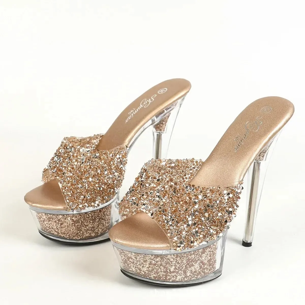 Women's Crystal Platform Stiletto Sandals, Clear High Heels, Champagne Gold Glitter, 6 Inch