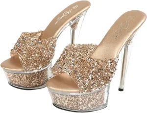 Women's Crystal Platform Stiletto Sandals, Clear High Heels, Champagne Gold Glitter, 6 Inch